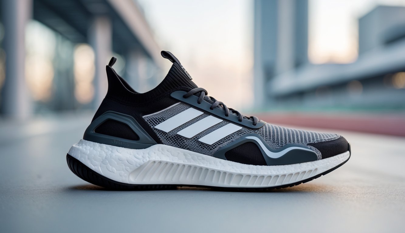 Sepatu Adidas terbaru dengan desain modern dan teknologi canggih diletakkan di permukaan bersih dengan latar belakang kabur.