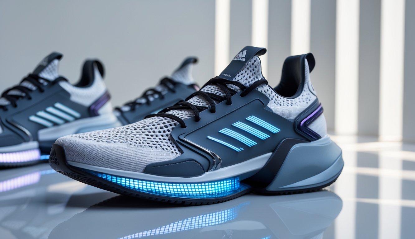 Sepasang sepatu Adidas terbaru dengan desain modern dan teknologi canggih ditampilkan di atas permukaan bersih.