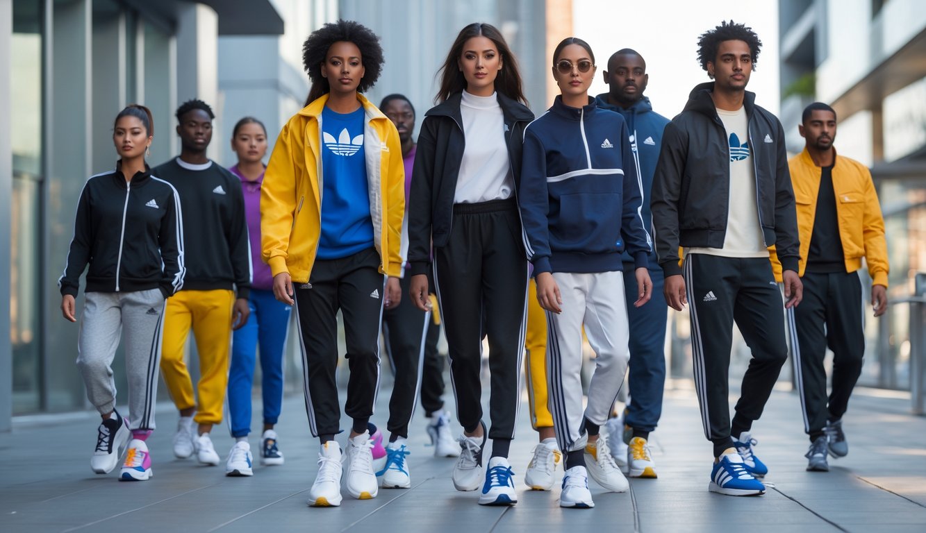 Sekelompok pria dan wanita mengenakan sepatu Adidas terbaru sedang berjalan di lingkungan perkotaan modern.