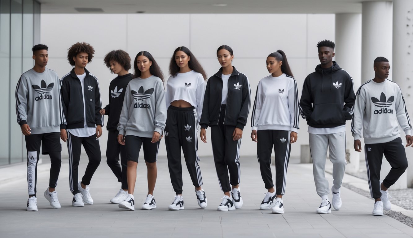 Sekelompok pria dan wanita muda mengenakan sepatu dan pakaian Adidas terbaru di lingkungan perkotaan.