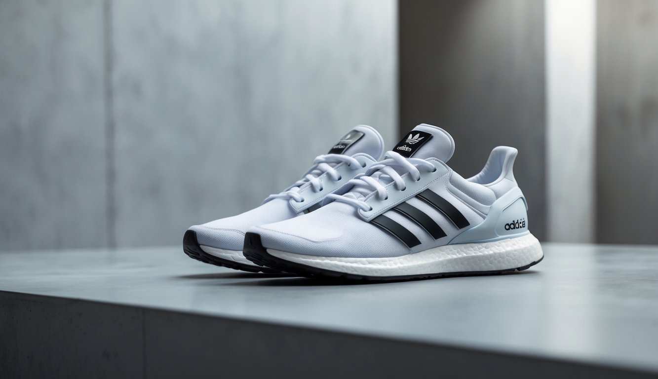 Sepasang sepatu Adidas terbaru asli ditampilkan di atas permukaan bersih dengan pencahayaan alami yang menonjolkan bahan dan desainnya.