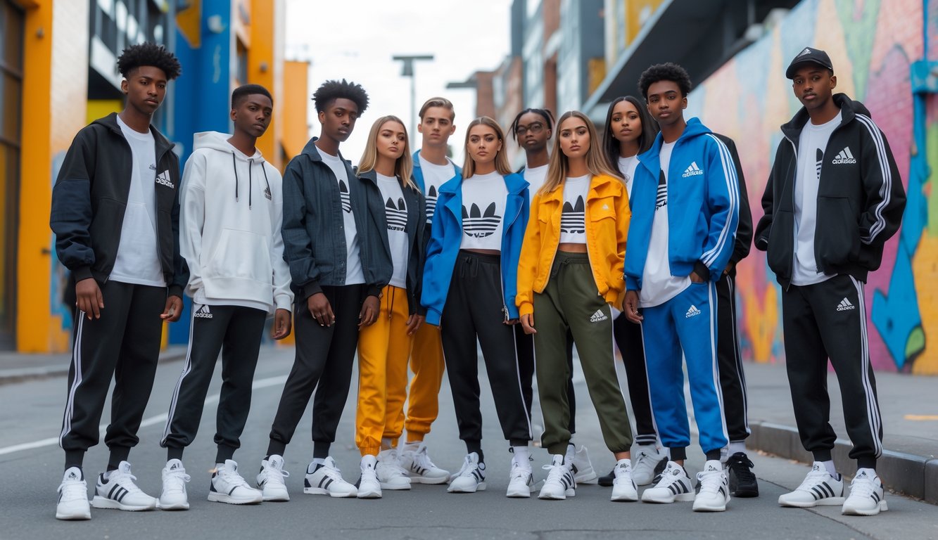 Sekelompok anak muda bergaya mengenakan pakaian dan sepatu Adidas terbaru, berkumpul di lingkungan perkotaan dengan latar belakang seni jalanan dan bangunan modern.