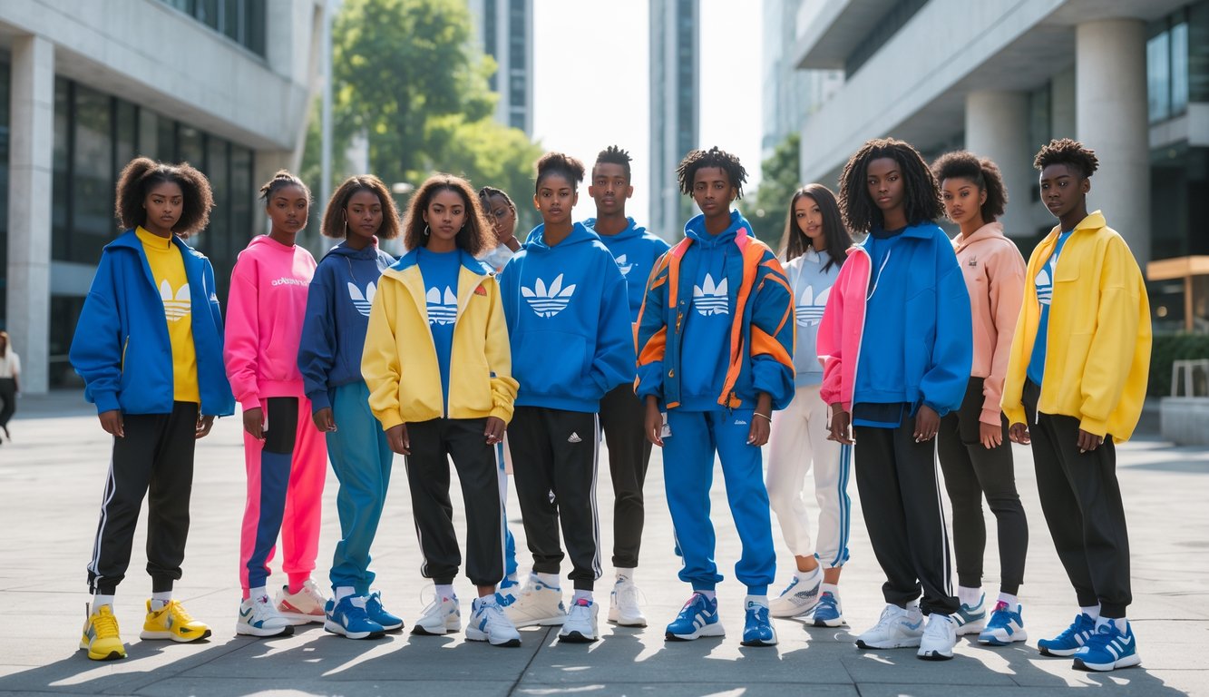 Sekelompok anak muda mengenakan pakaian dan sepatu Adidas terbaru sedang berkumpul di luar ruangan dengan latar kota modern.