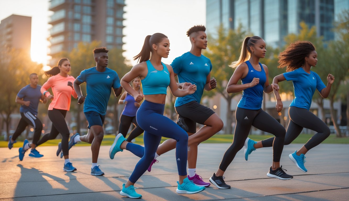 Sekelompok orang muda berolahraga dan berjalan di taman kota dengan pakaian dan sepatu Adidas terbaru.
