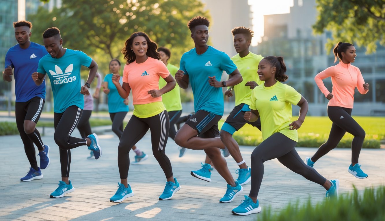 Sekelompok orang muda mengenakan pakaian dan sepatu Adidas terbaru sedang berolahraga dan berjalan di taman kota.