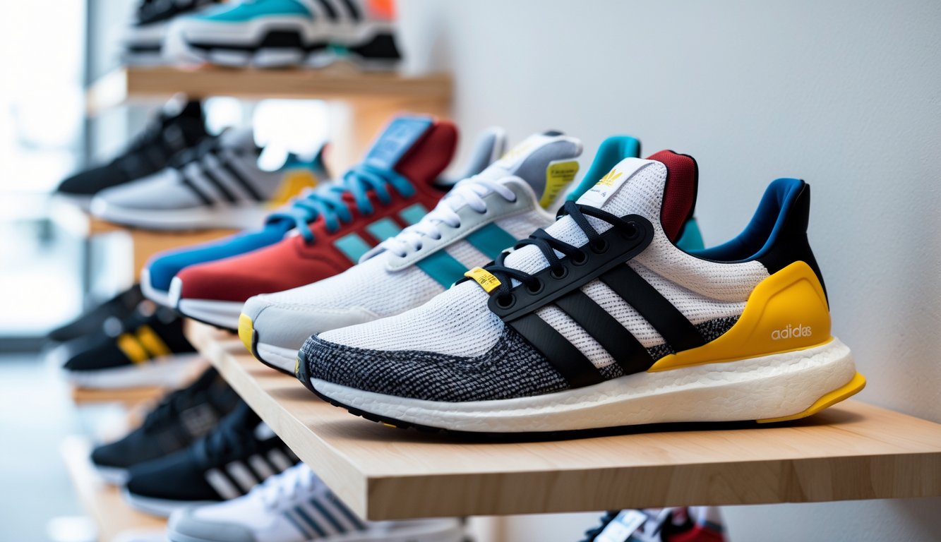 Beberapa sepatu Adidas terbaru yang nyaman untuk aktivitas sehari-hari ditampilkan rapi di rak kayu dalam ruangan yang terang.