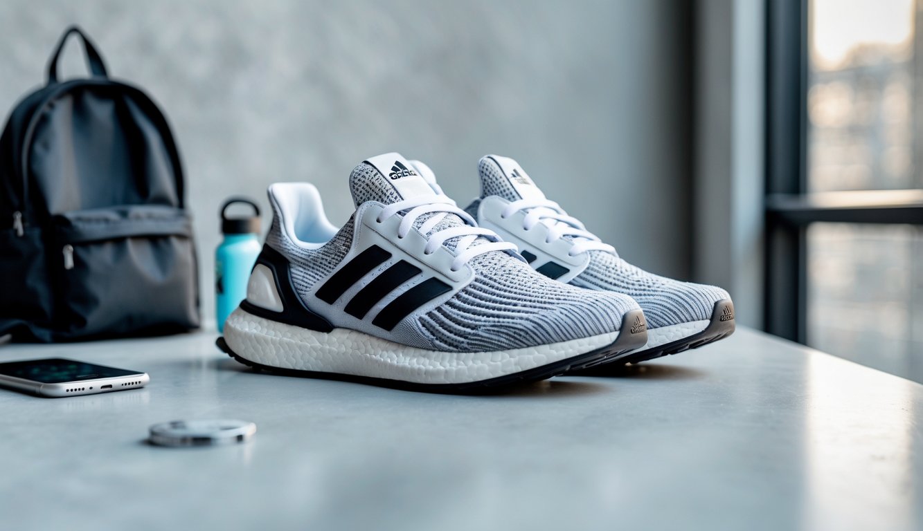 Sepasang sepatu Adidas terbaru diletakkan di atas permukaan bersih dengan beberapa barang sehari-hari di sekitar seperti tas dan botol minum.