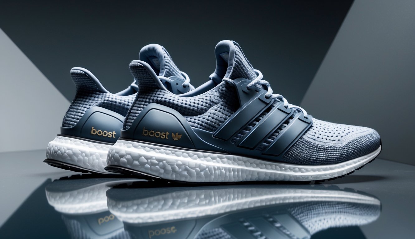 Sepasang sepatu Adidas terbaru dengan teknologi Boost dan desain futuristik diletakkan di atas permukaan reflektif dengan latar belakang minimalis.