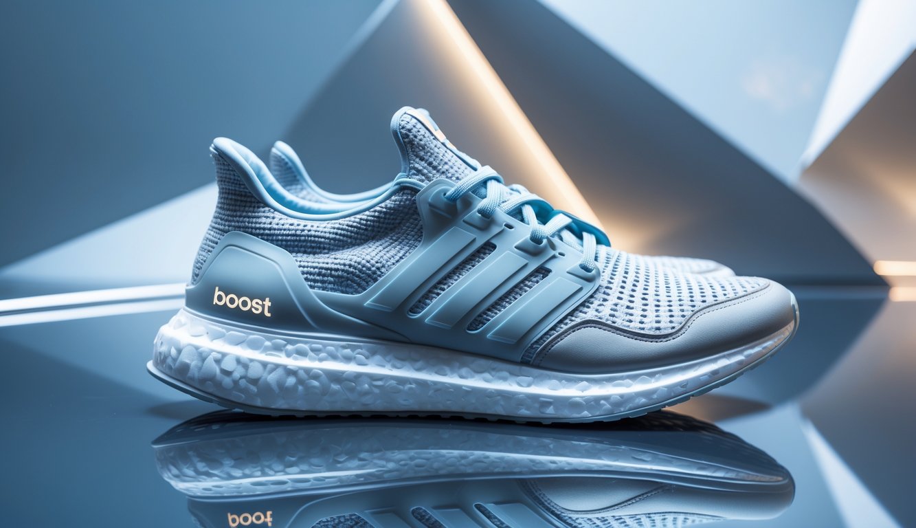 Sepasang sepatu Adidas terbaru dengan teknologi Boost dan desain futuristik, diletakkan di atas permukaan reflektif dengan latar belakang minimalis.