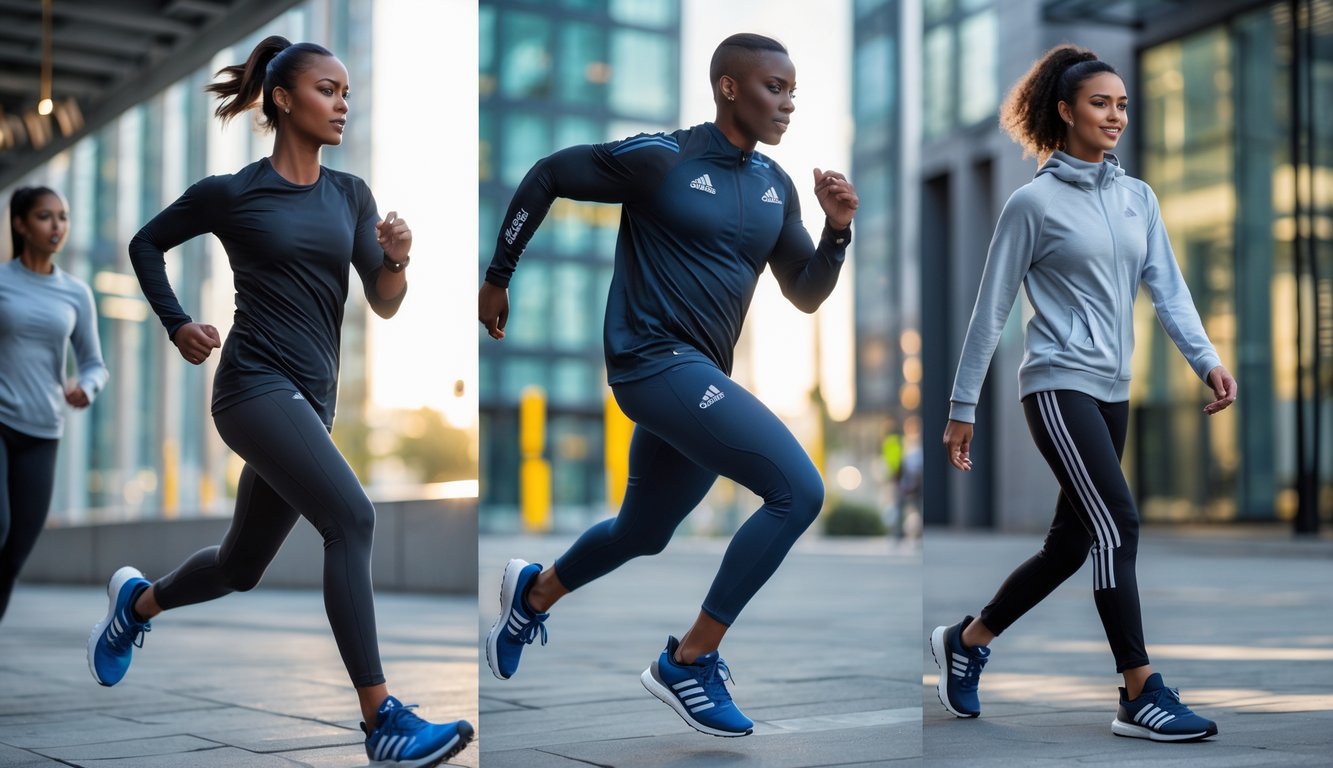 Tiga orang memakai sepatu dan pakaian Adidas terbaru sedang berlari, berlatih, dan berjalan di lingkungan kota.