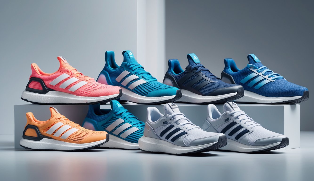 Berbagai sepatu Adidas terbaru untuk lari, latihan, dan gaya kasual ditampilkan di atas permukaan bersih dengan latar belakang sederhana.