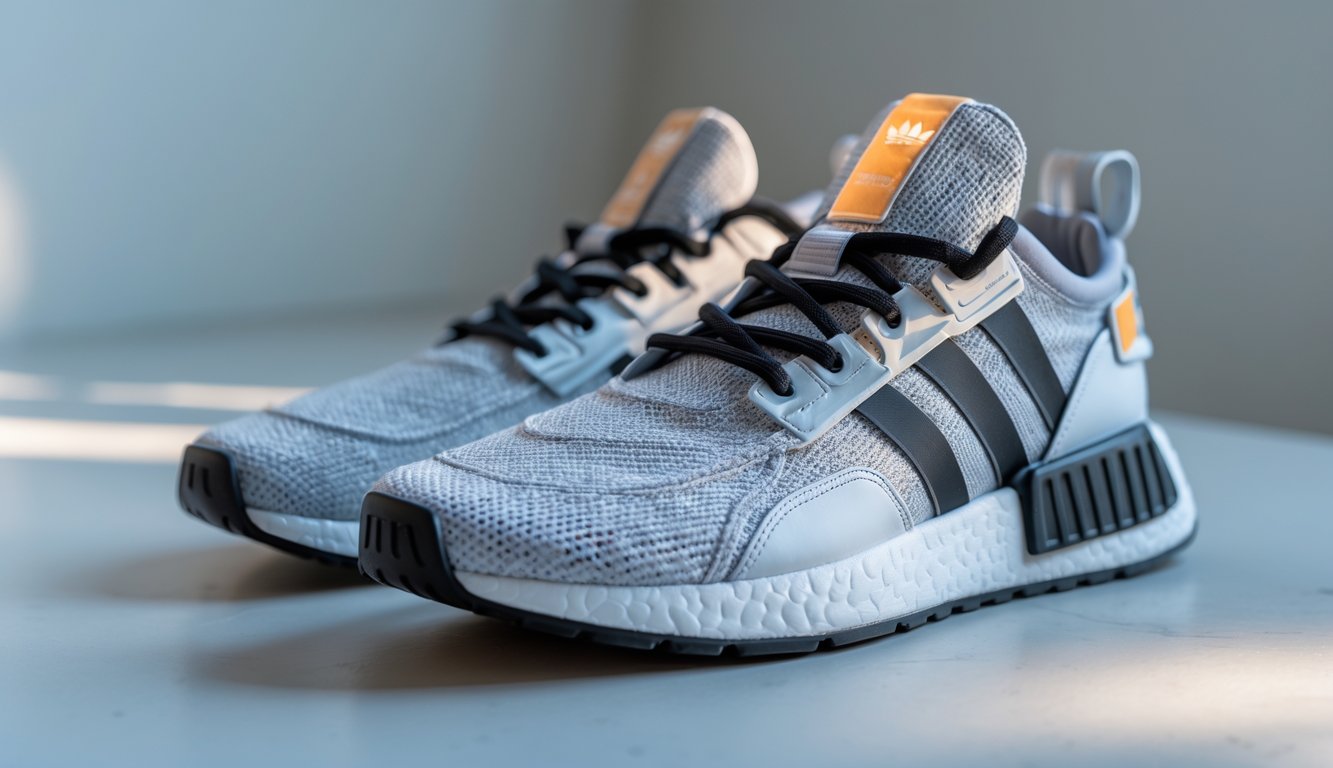 Sepasang sepatu Adidas edisi terbatas terbaru diletakkan di permukaan bersih dengan pencahayaan yang menonjolkan detail dan tekstur sepatu.