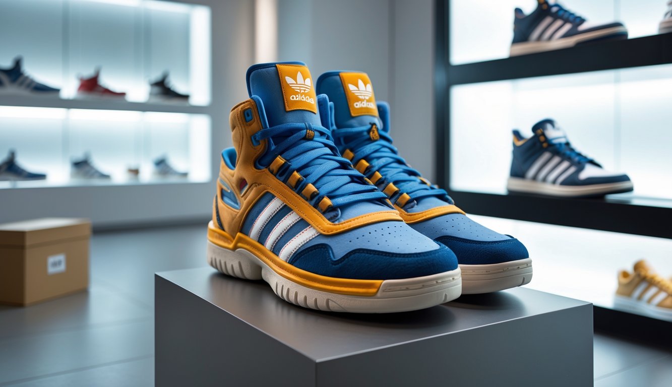 Sepasang sepatu Adidas edisi terbatas dipajang di atas pedestal di dalam ruangan dengan latar belakang rak sepatu koleksi.