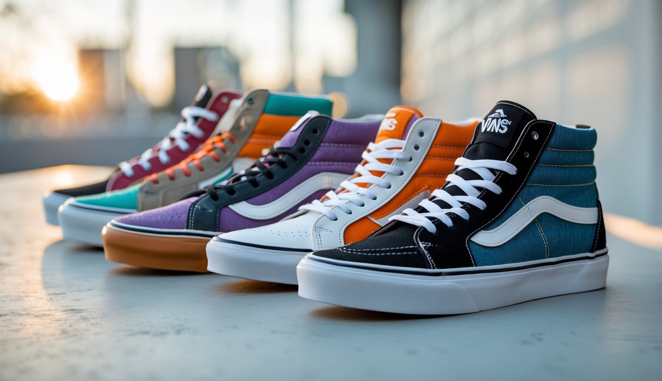 Berbagai sepatu Vans terbaru tahun 2026 ditampilkan rapi di atas permukaan bersih dengan latar belakang samar yang menunjukkan suasana kota.