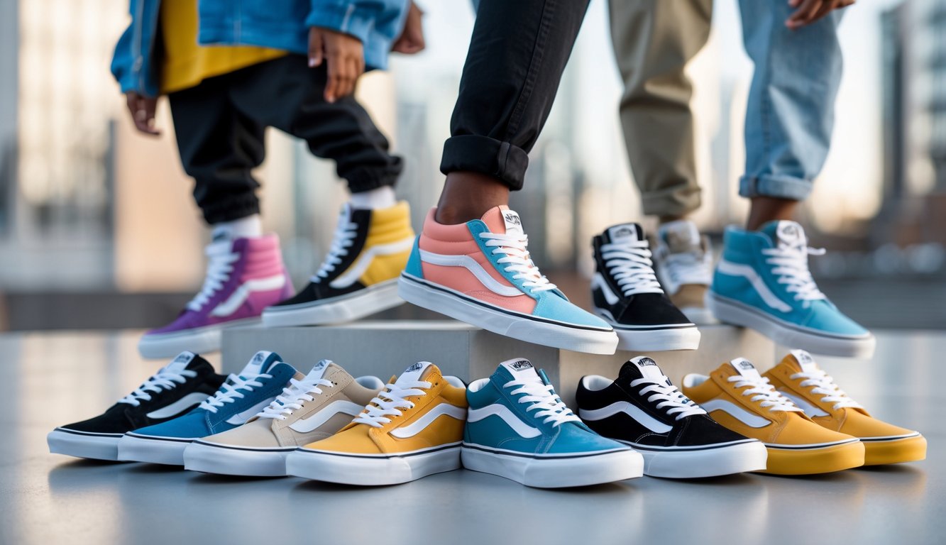 Beberapa sepatu Vans terbaru tahun 2026 dipajang dengan latar belakang perkotaan dan orang-orang mengenakan sepatu tersebut.