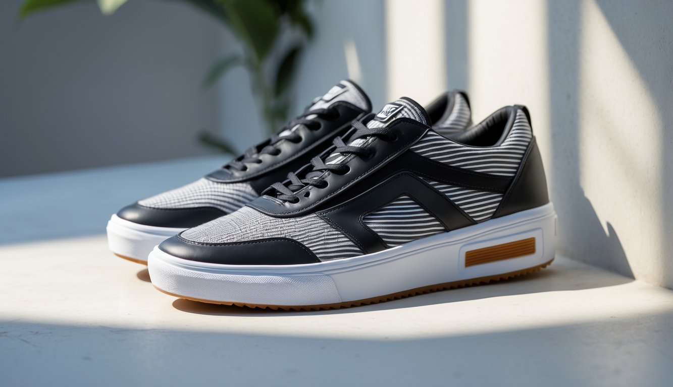 Sepasang sepatu Vans terbaru dengan desain modern diletakkan di permukaan bersih dan minimalis.