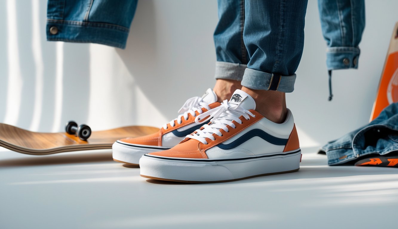 Sepasang sepatu Vans terbaru dengan desain modern yang diletakkan di atas permukaan bersih dengan latar belakang sederhana.