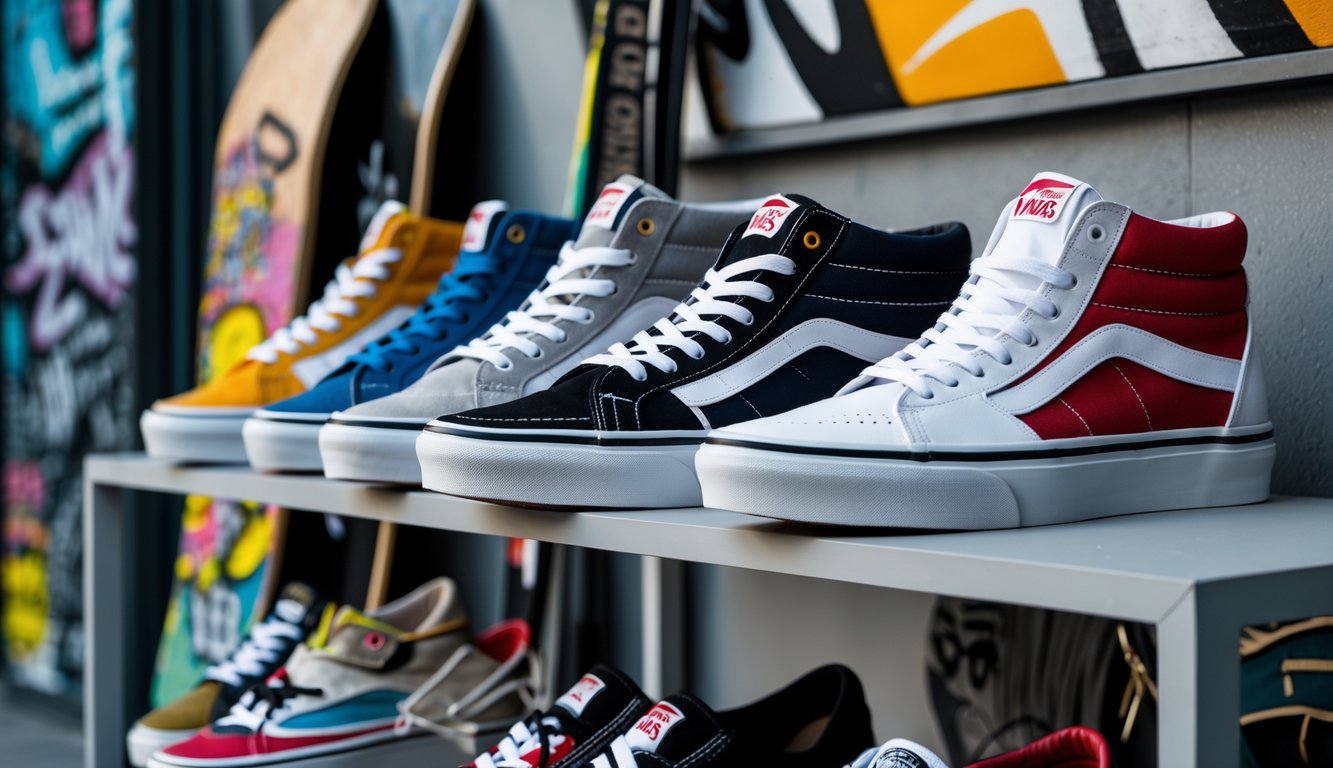 Beberapa sepatu Vans terbaru ditata rapi di rak dengan latar belakang seni grafiti dan papan skate.