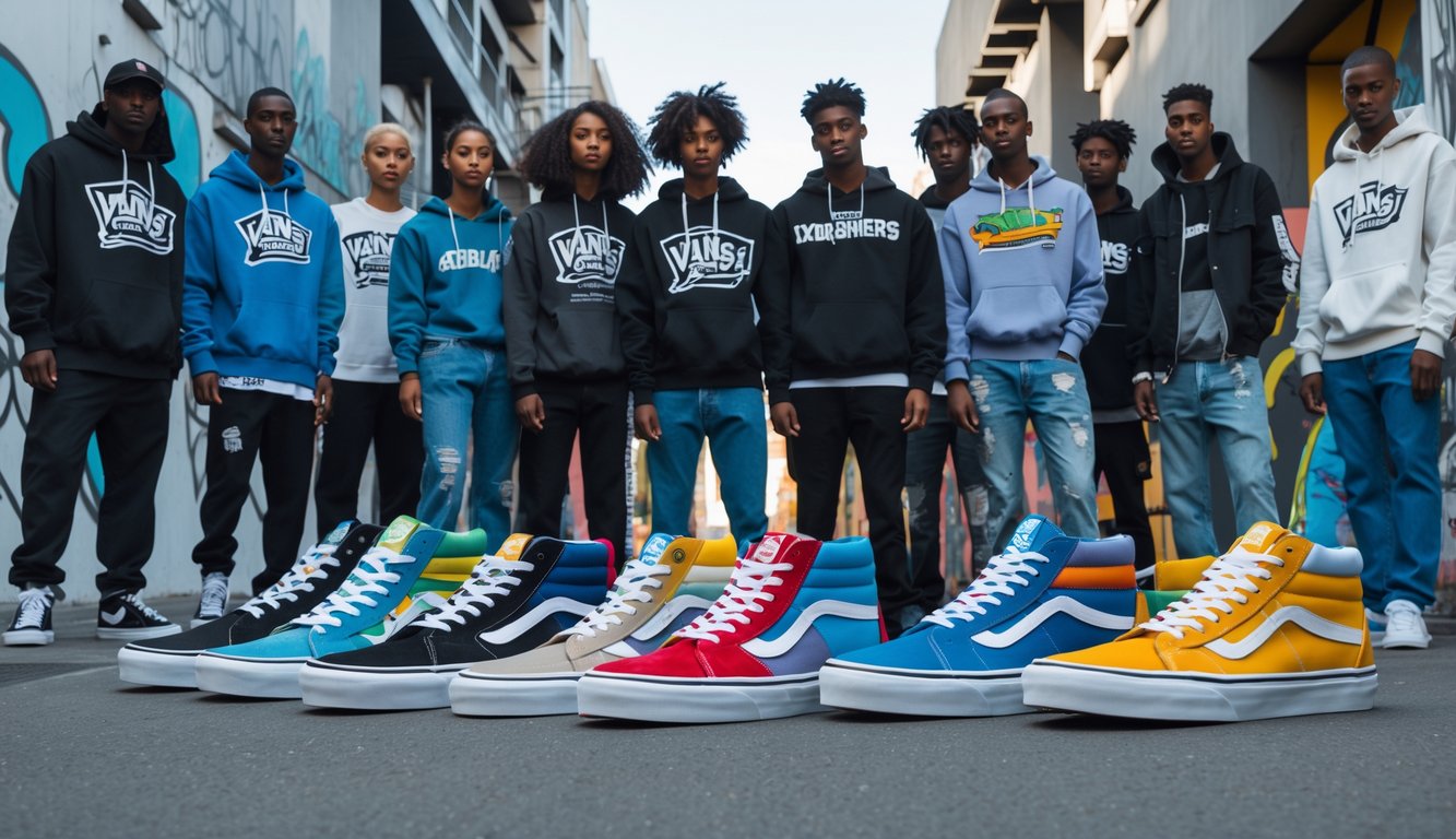 Sekelompok orang muda dengan sepatu Vans terbaru sedang berkumpul di lingkungan perkotaan dengan latar belakang dinding graffiti dan papan skateboard.