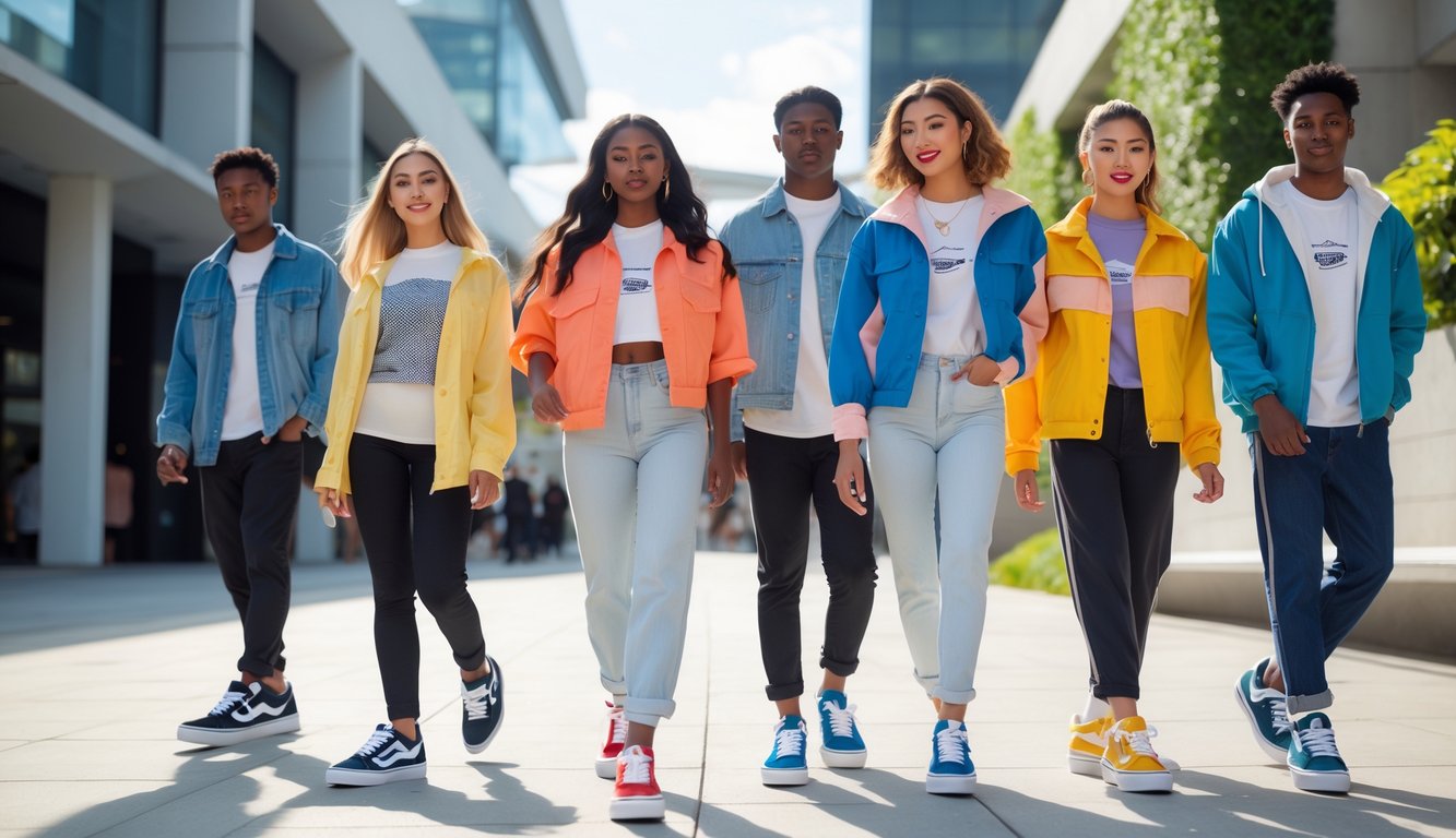 Sekelompok pria dan wanita muda mengenakan sepatu Vans terbaru sedang berdiri dan berjalan di area perkotaan dengan latar belakang arsitektur modern dan tanaman hijau.