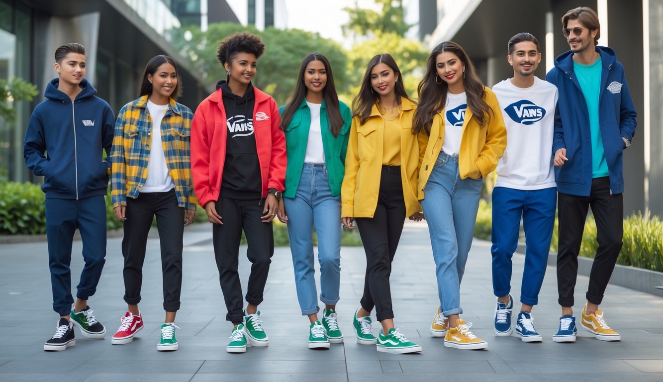 Sekelompok pria dan wanita muda mengenakan sepatu Vans terbaru sedang berdiri dan berjalan di lingkungan perkotaan.