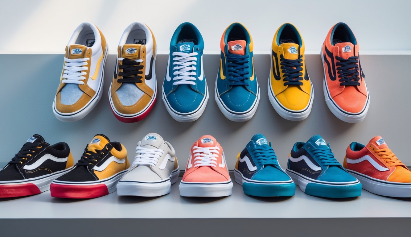 Beberapa pasang sepatu Vans terbaru tahun 2026 dengan berbagai model dan warna yang ditata rapi di atas permukaan bersih.
