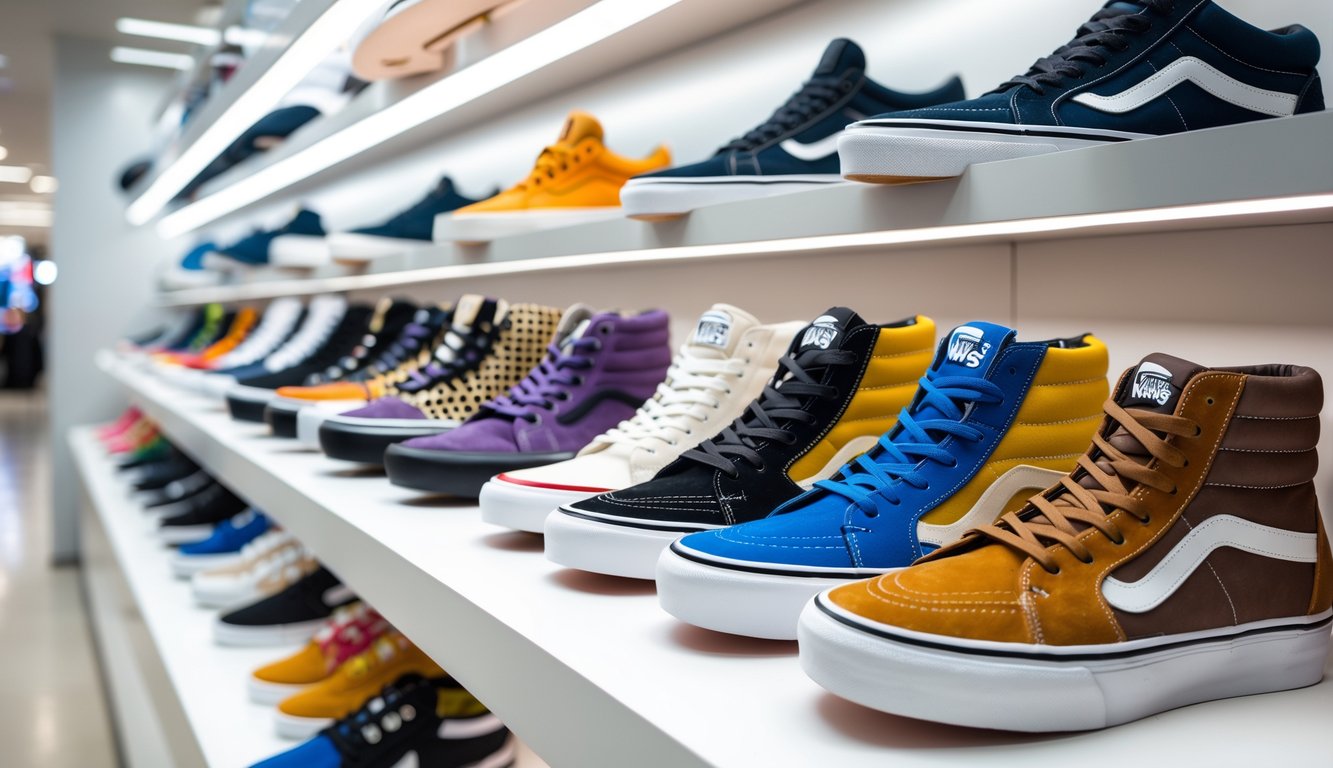 Beberapa sepatu Vans terbaru tahun 2026 dengan berbagai model dan warna yang dipajang di rak dalam toko.