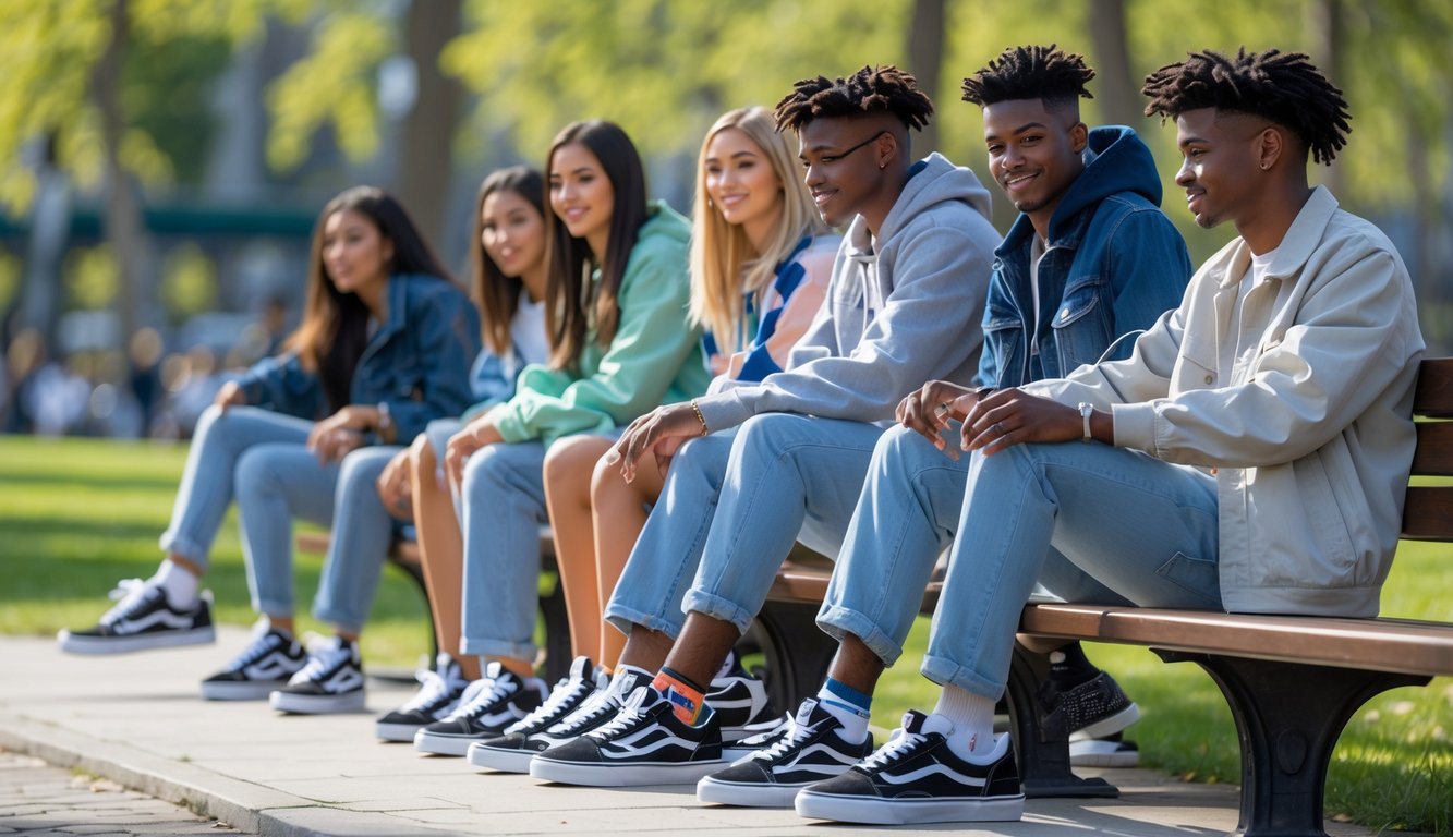 Sekelompok orang muda memakai sepatu Vans terbaru sedang bersantai di taman kota.