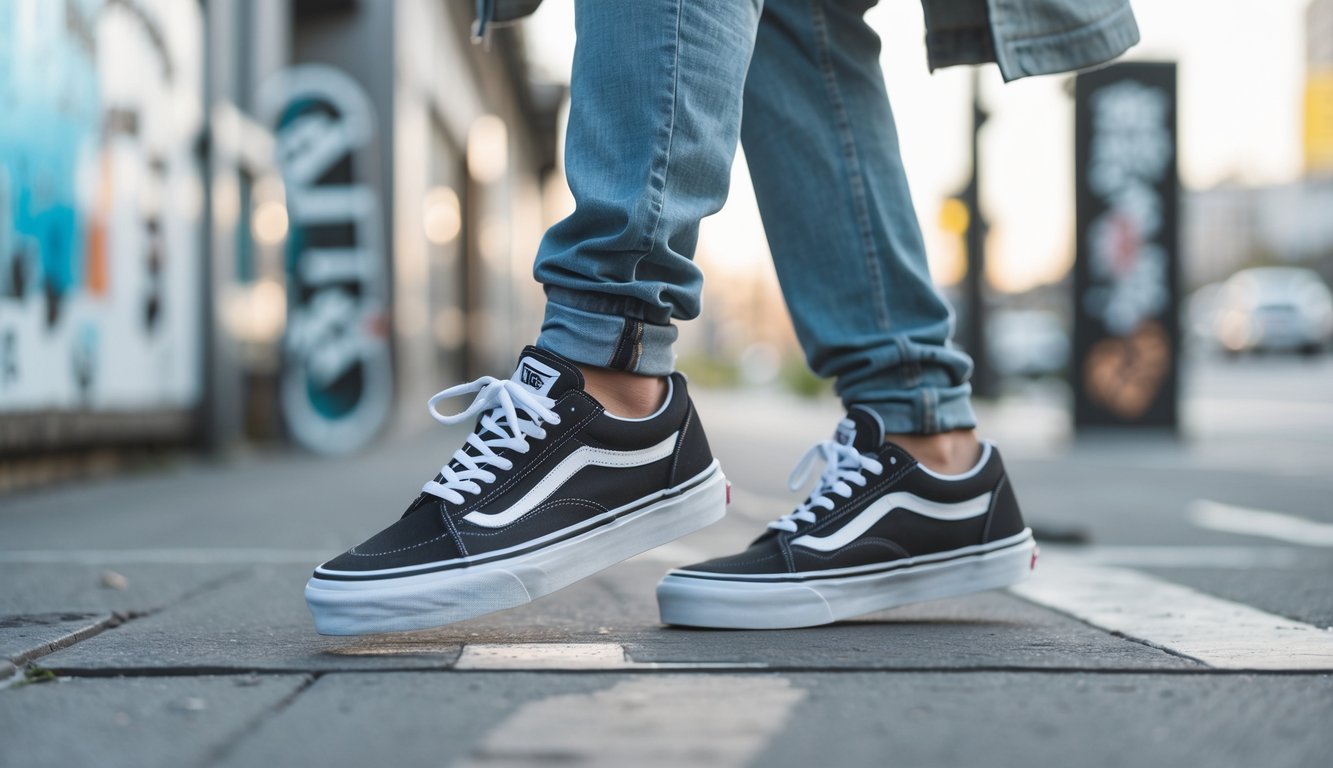 Seorang dewasa muda berjalan di trotoar kota memakai sepatu Vans terbaru dengan pakaian kasual dan santai.