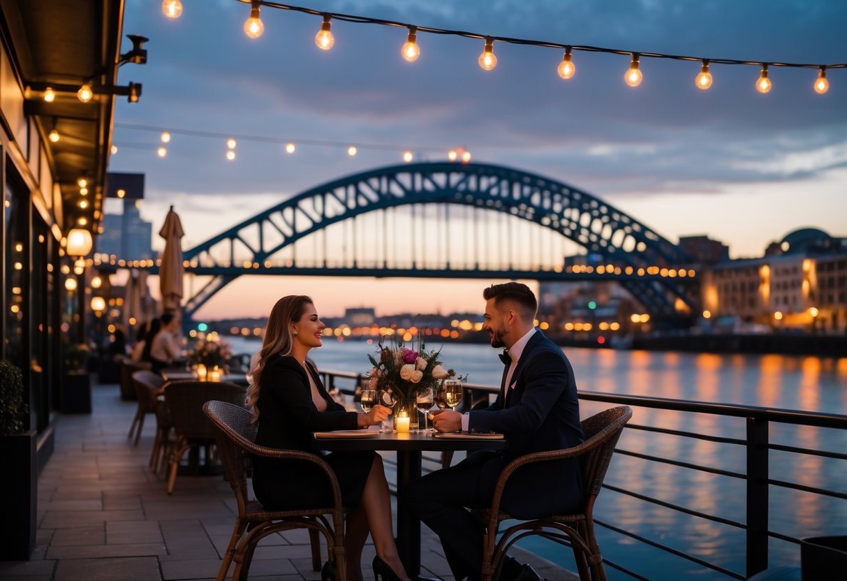 A couple dressed elegantly dining outdoors by the river with the Tyne Bridge lit up in the background during the evening.