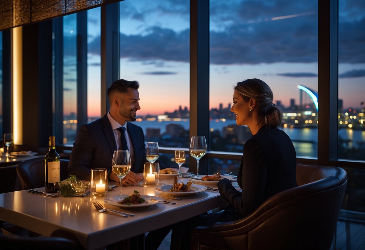 A couple dining at a candlelit table in a stylish restaurant with a view of Newcastle's city skyline at dusk.