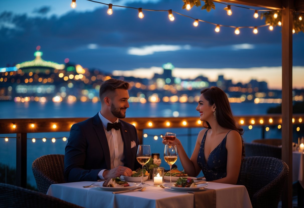 A couple enjoying an elegant evening dinner at an outdoor restaurant with the Newcastle city skyline lit up at night in the background.