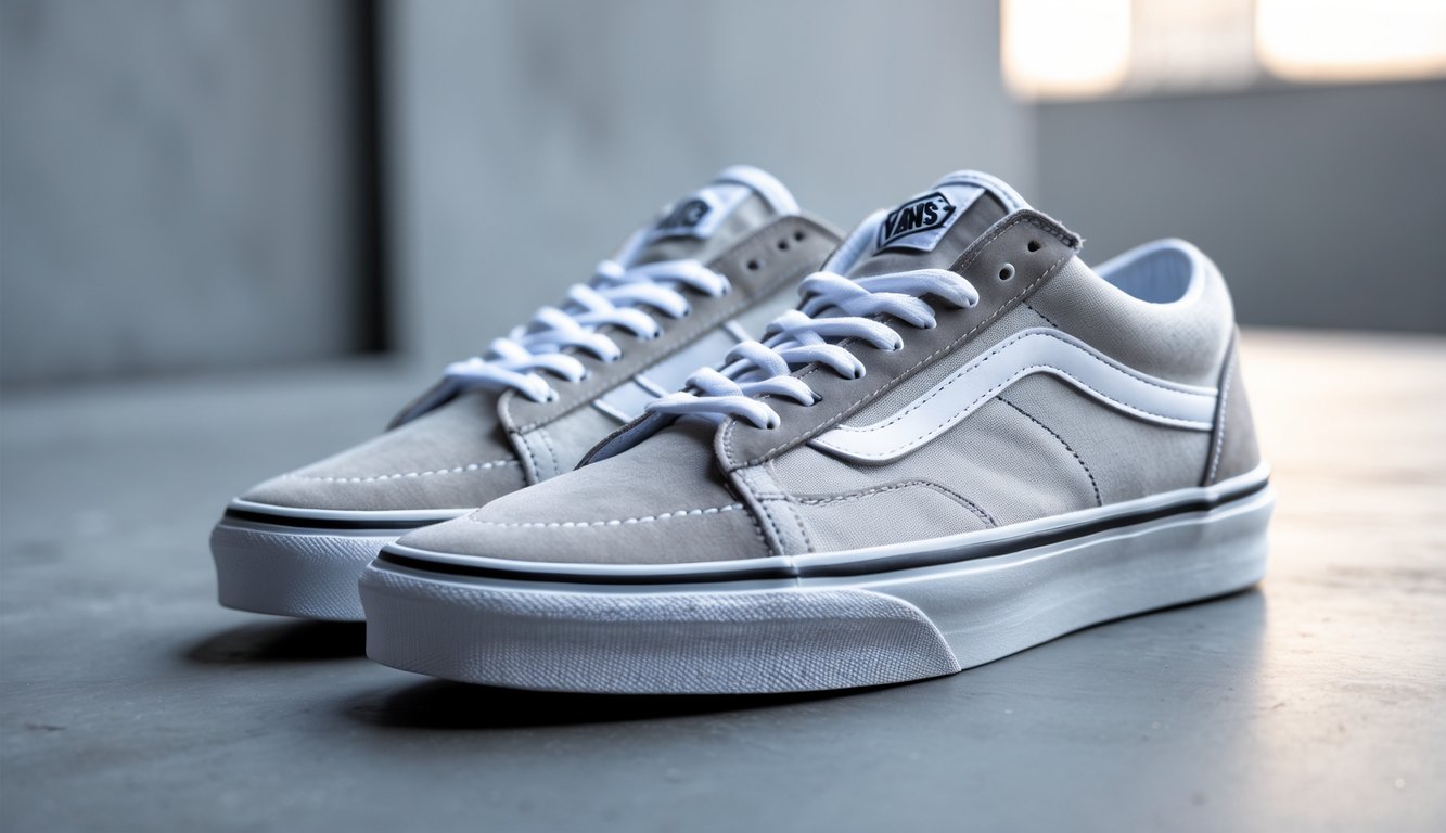 Sepasang sepatu Vans terbaru yang asli diletakkan di atas permukaan bersih dengan pencahayaan alami.