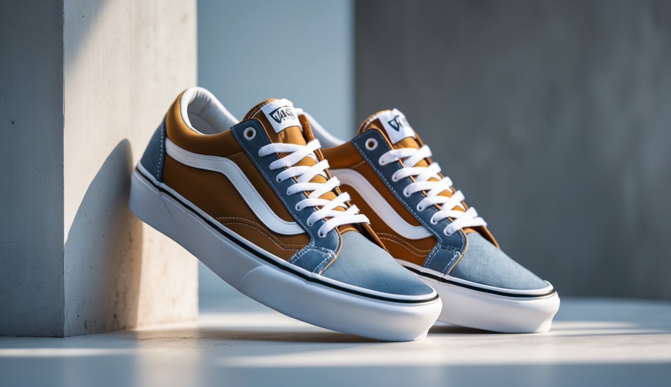 Sepasang sepatu Vans terbaru asli dengan kualitas premium dan tahan lama, diletakkan di atas permukaan bersih dengan latar belakang minimalis.