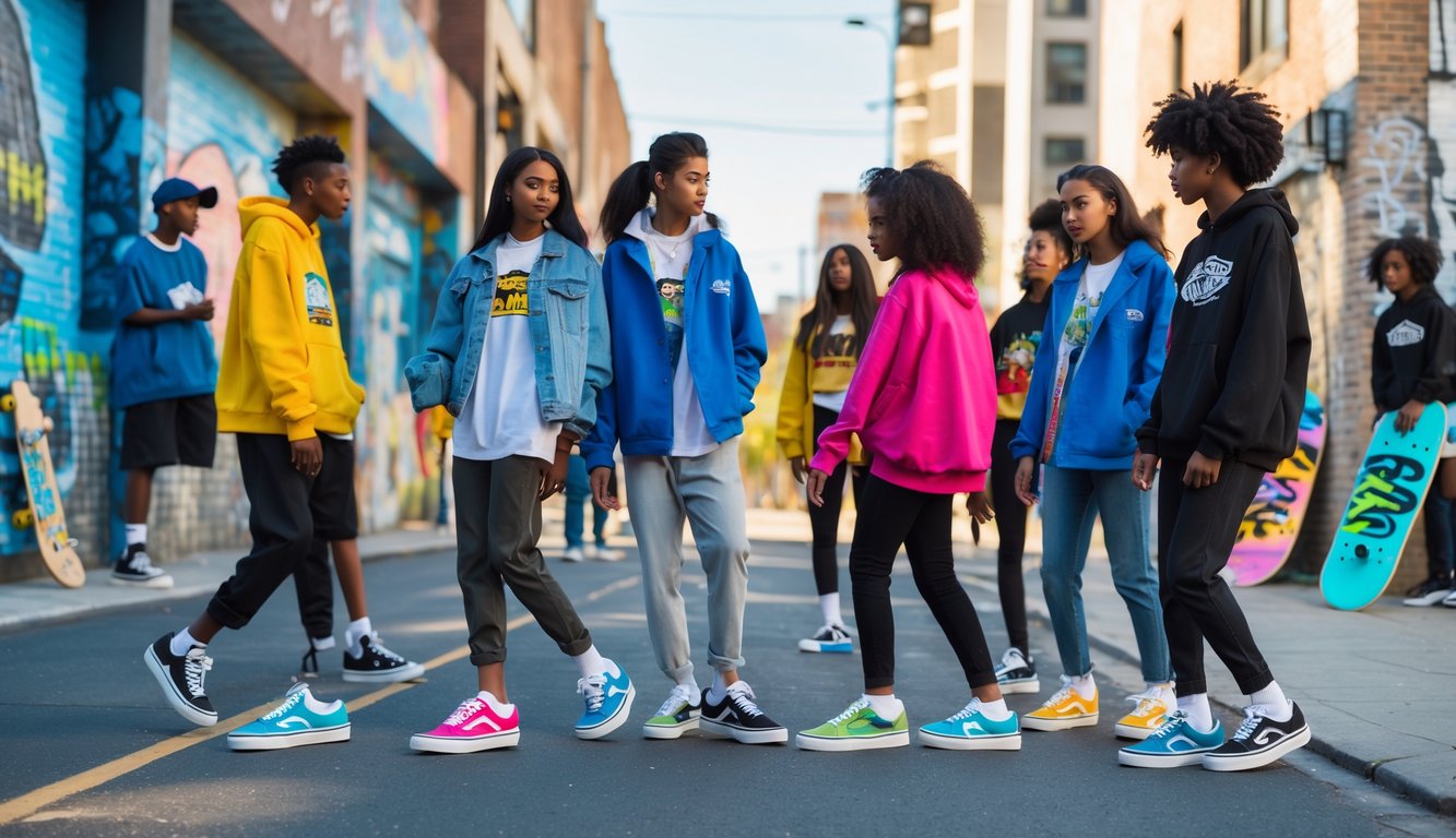 Sekelompok anak muda mengenakan sepatu Vans terbaru sedang berkumpul di area perkotaan dengan latar belakang grafiti dan papan skate.