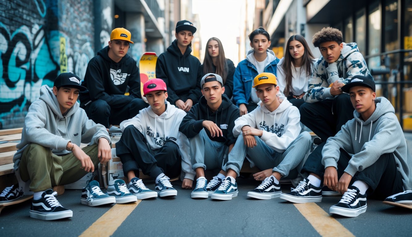 Sekelompok anak muda memakai sepatu Vans terbaru sedang berkumpul di lingkungan perkotaan dengan latar belakang tembok grafiti dan skateboard.