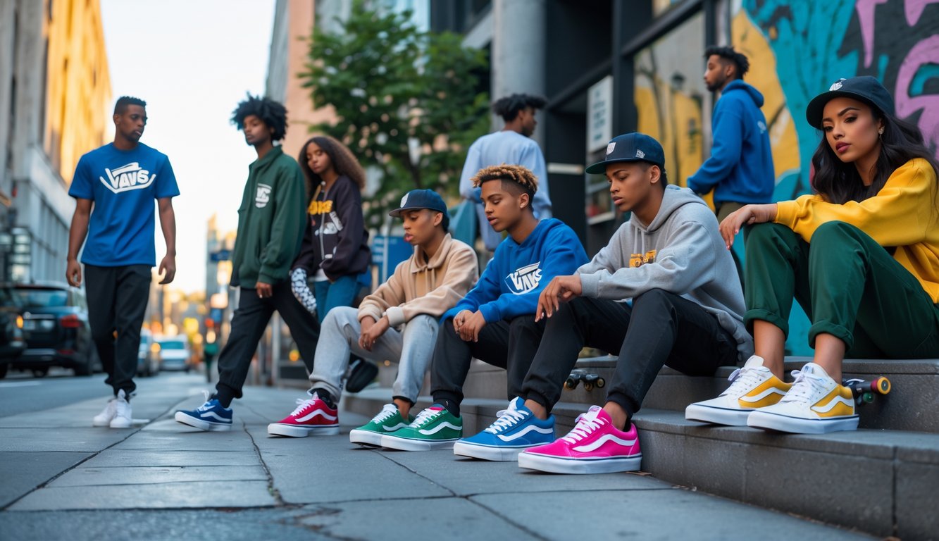 Sekelompok orang muda memakai sepatu Vans terbaru di luar ruangan kota, sedang berjalan, duduk, dan bermain skateboard.