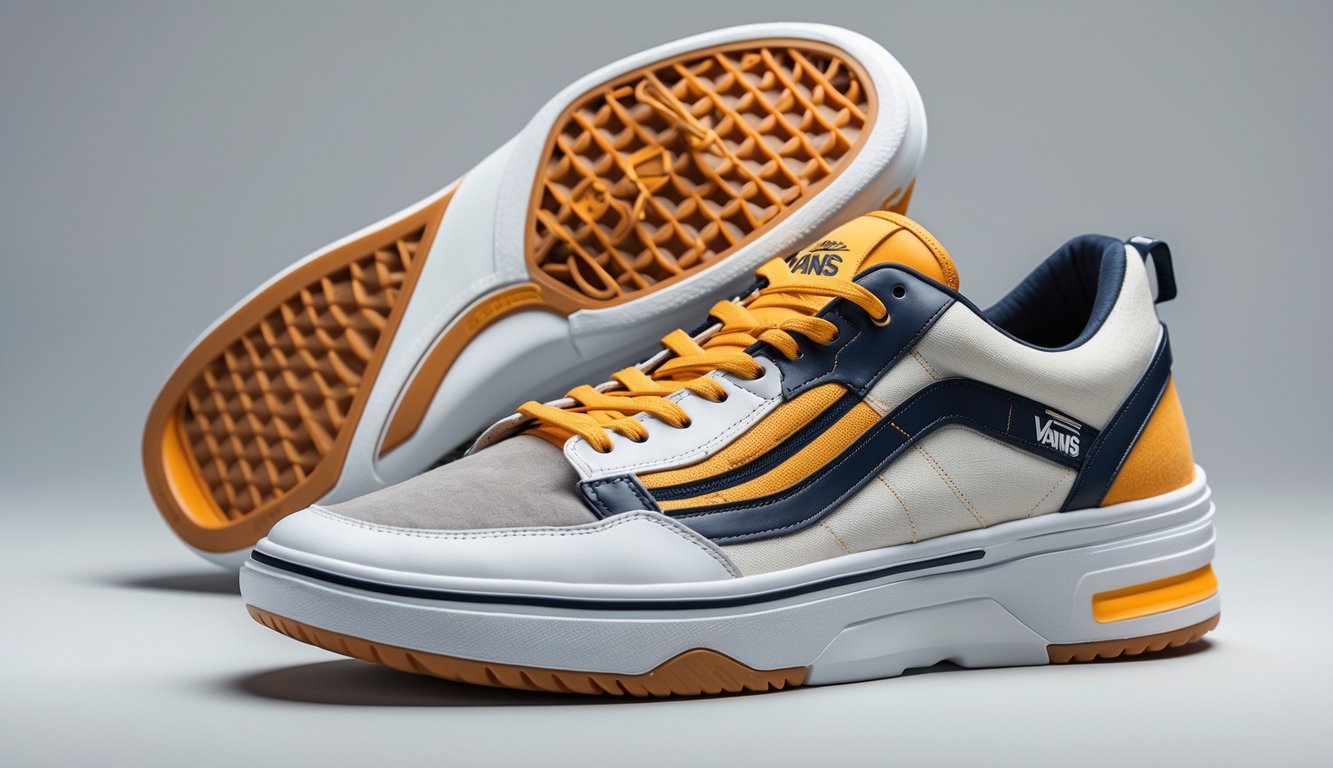 Sepasang sepatu Vans terbaru dengan desain ikonik dan teknologi nyaman, diletakkan di latar belakang netral.