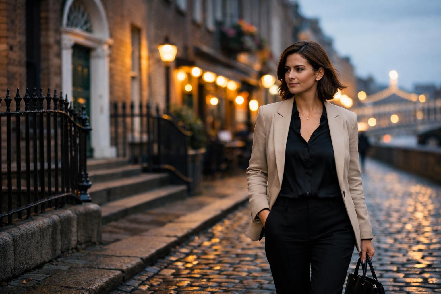 A confident woman walking along a cobblestone street in Dublin lined with historic buildings and warm streetlights during early evening.