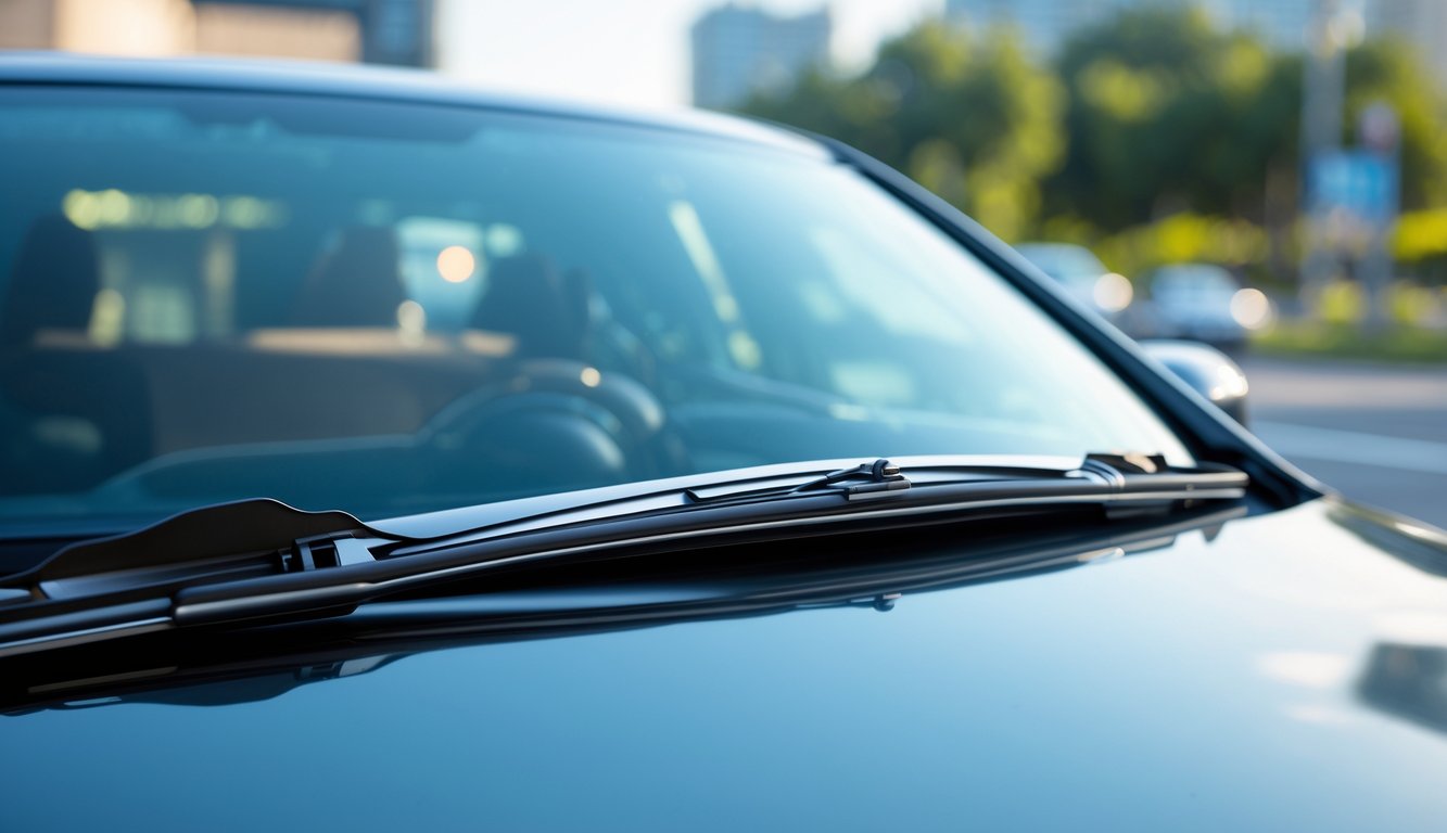 Close-up wiper mobil baru terpasang pada kaca depan mobil dengan latar belakang jalan kota yang samar.