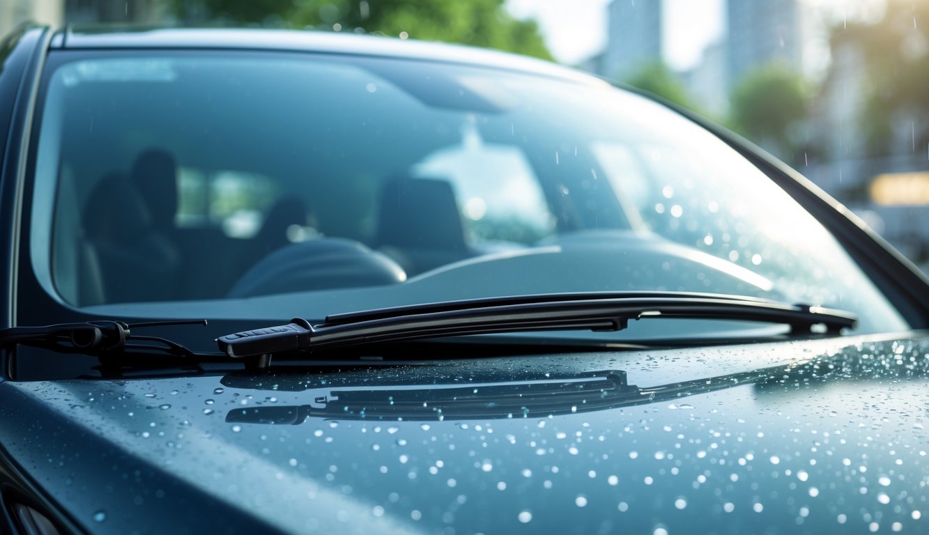 Close-up wiper mobil yang sedang menyeka kaca depan mobil saat hujan ringan di jalan kota.