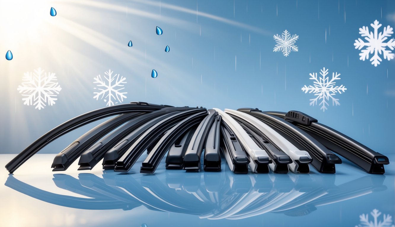 Sepuluh wiper mobil terbaru tahun ini ditata rapi di atas permukaan reflektif dengan latar belakang elemen cuaca seperti tetesan hujan, sinar matahari, dan salju.