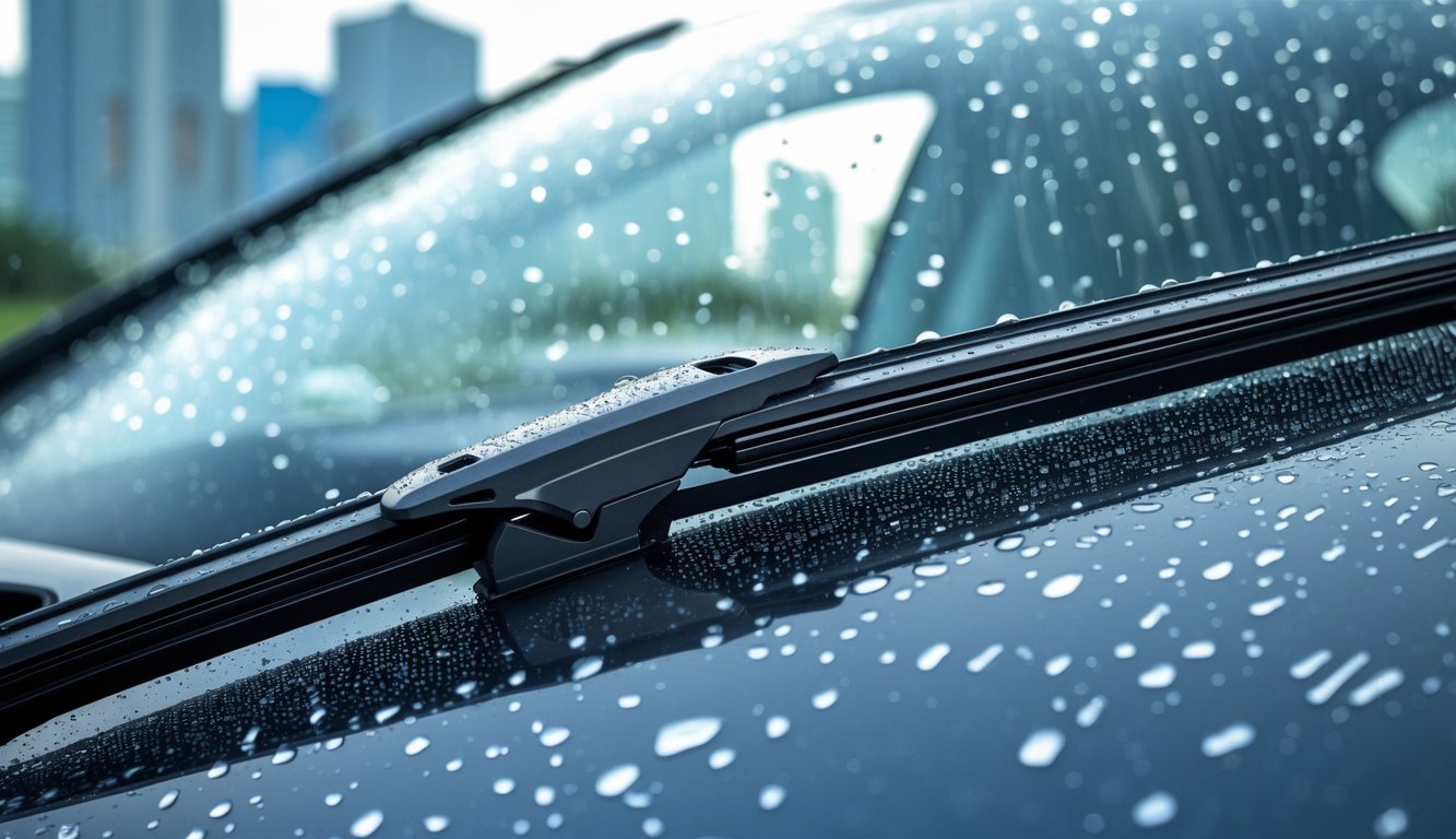 Tampak dekat wiper mobil berkualitas membersihkan tetesan hujan di kaca depan mobil saat hujan.