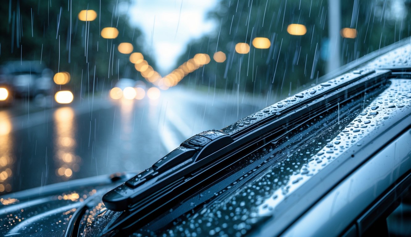 Sapu kaca mobil terbaru membersihkan air hujan deras di jalanan basah.