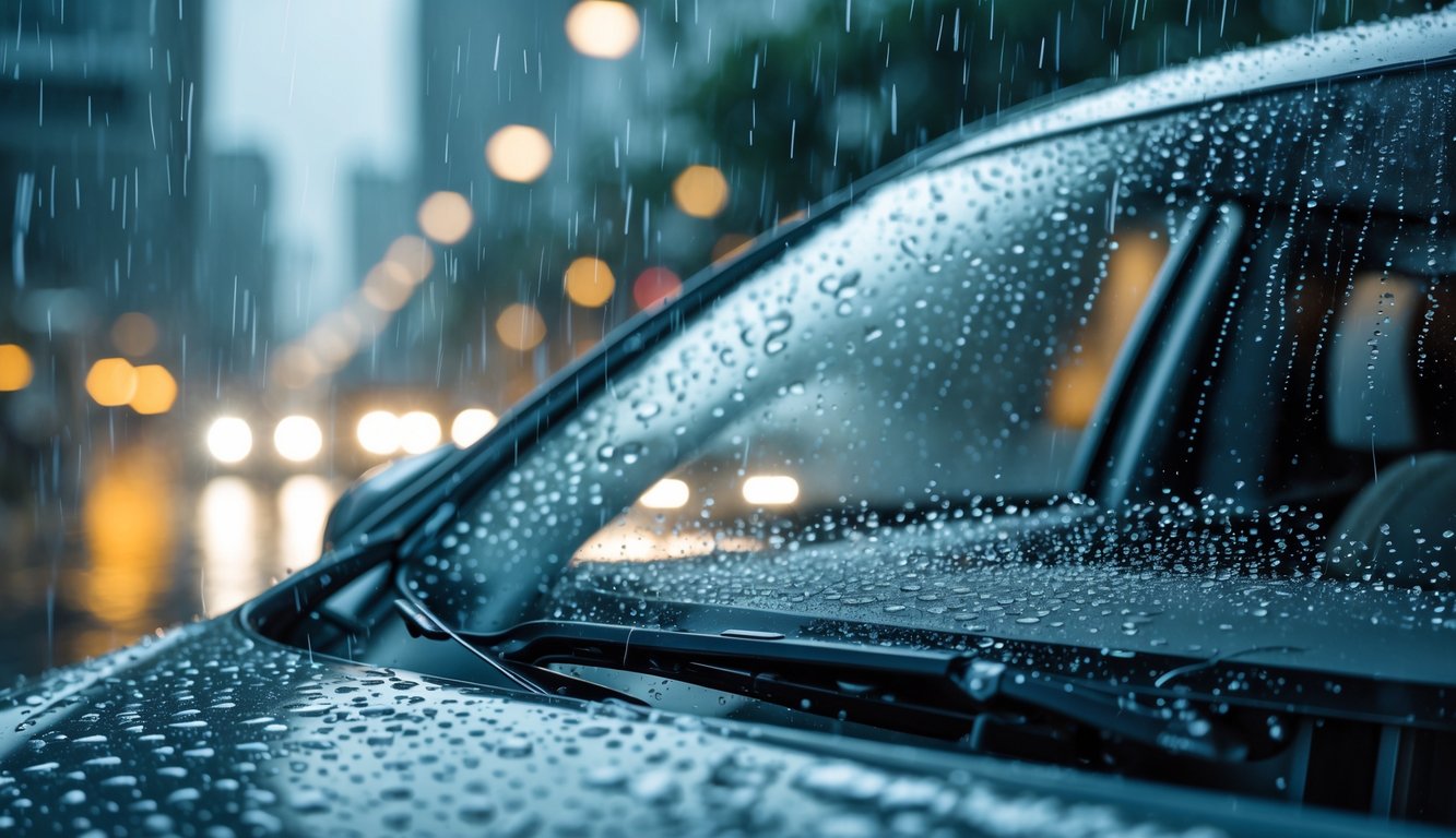 Tampak dekat wiper mobil terbaru sedang membersihkan kaca depan mobil yang basah oleh hujan deras di jalan yang basah.