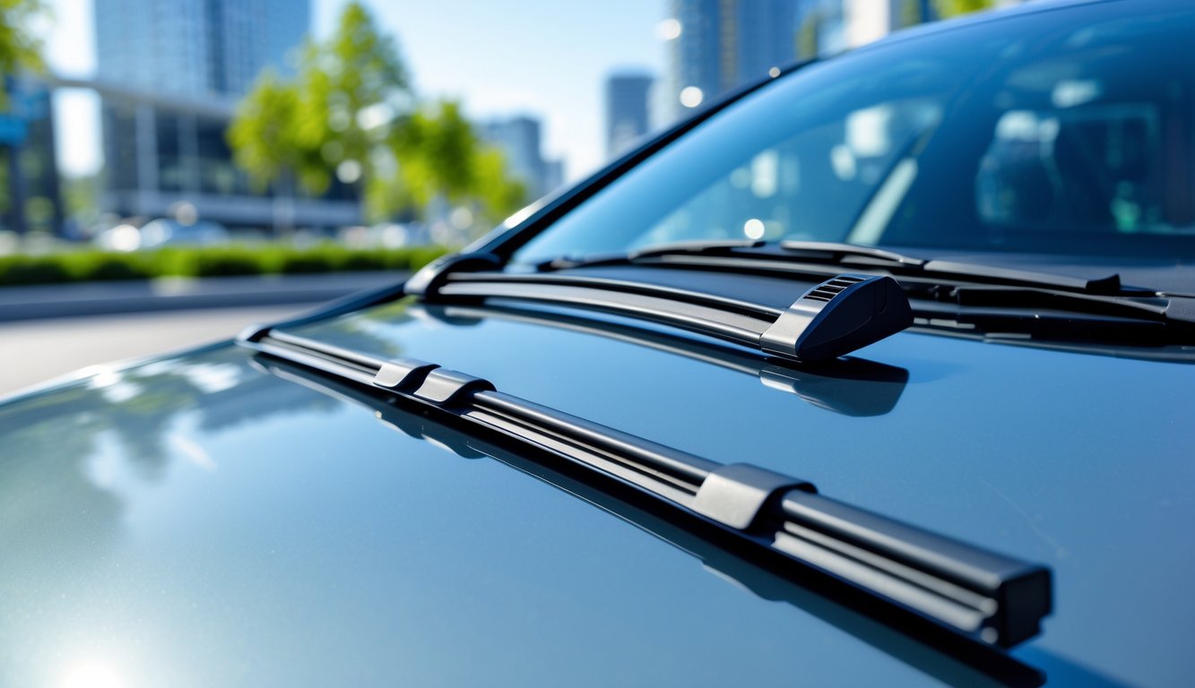 Close up wiper mobil terbaru terpasang pada kaca depan mobil dengan latar belakang jalan kota dan pepohonan.