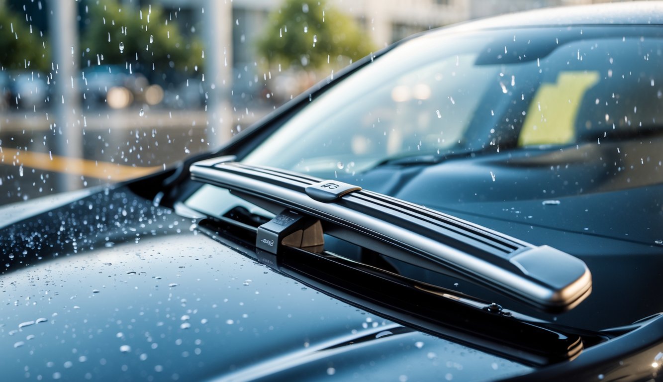 Wiper mobil modern sedang membersihkan kaca depan mobil yang basah karena hujan.
