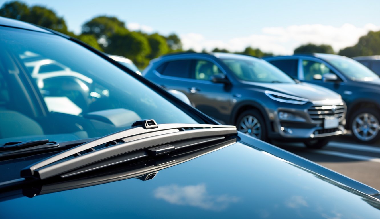 Gambar close-up wiper mobil terbaru terpasang di kaca depan mobil dengan beberapa jenis kendaraan di latar belakang.