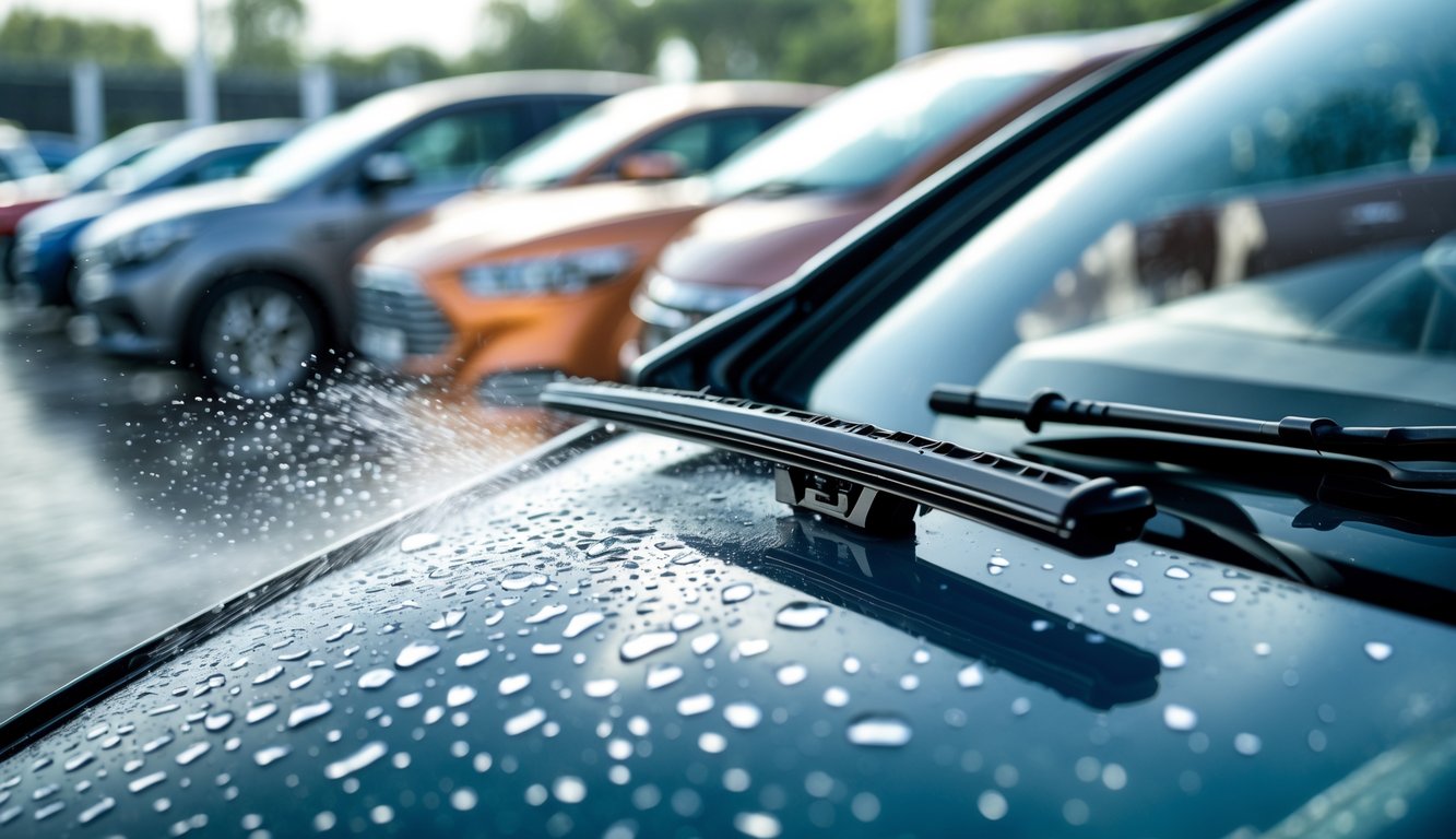 Close-up wiper mobil terbaru sedang membersihkan kaca depan mobil dengan latar belakang beberapa jenis kendaraan.