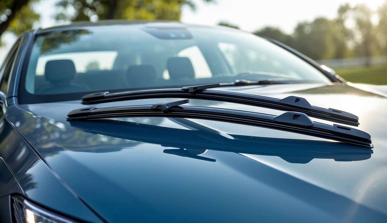 Wiper mobil terbaru terpasang pada kaca depan mobil modern di luar ruangan pada hari cerah.